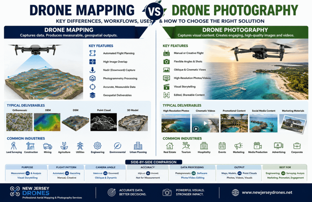 Drone mapping and drone photography comparison showing mapping workflow and aerial photography applications.