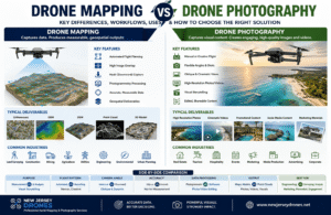 Drone mapping and drone photography comparison showing mapping workflow and aerial photography applications.