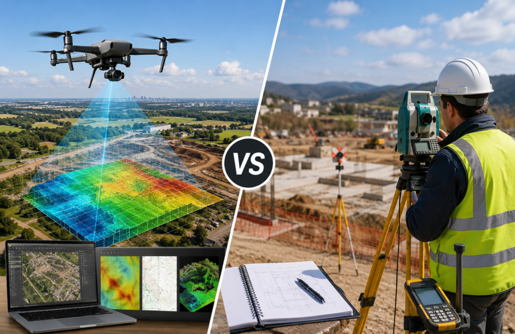 Drone mapping drone flying over a construction site compared with a land surveyor using GPS surveying equipment for accurate geospatial data collection.
