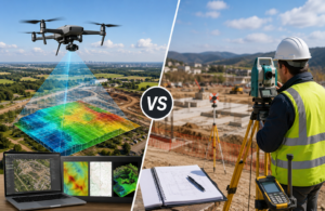 Drone mapping drone flying over a construction site compared with a land surveyor using GPS surveying equipment for accurate geospatial data collection.