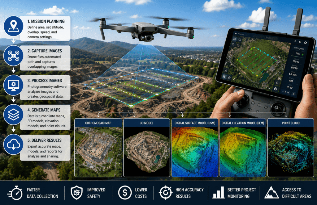 Drone mapping workflow showing a UAV capturing overlapping aerial images to create an orthomosaic map and 3D terrain model.