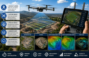 Drone mapping workflow showing a UAV capturing overlapping aerial images to create an orthomosaic map and 3D terrain model.