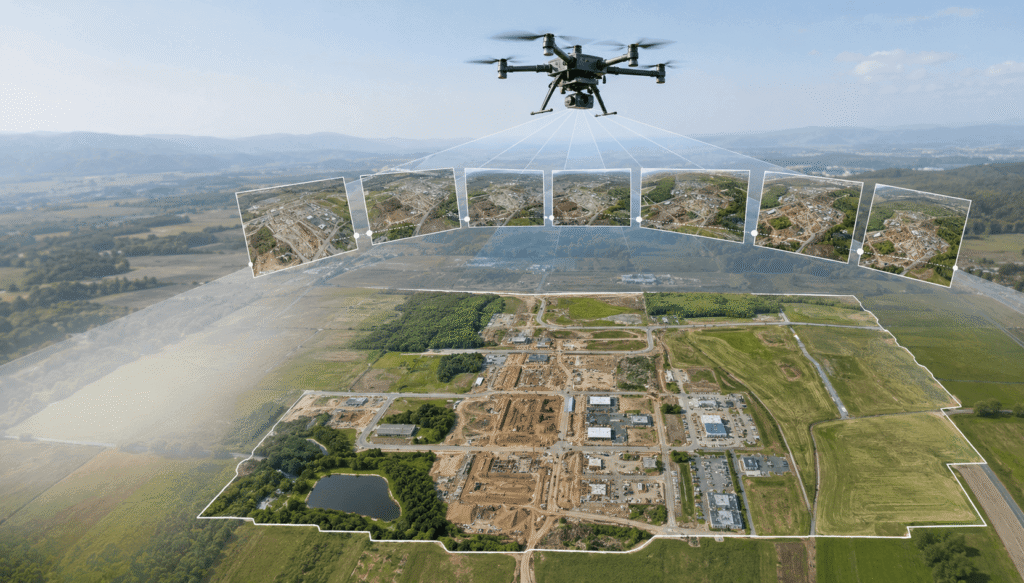 Drone capturing aerial photos for an orthomosaic map